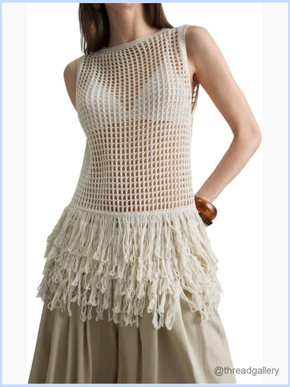 Hollow Out Fringe Knitted Tank Top Sexy Sheer Sleeveless Long Sweater Vest
